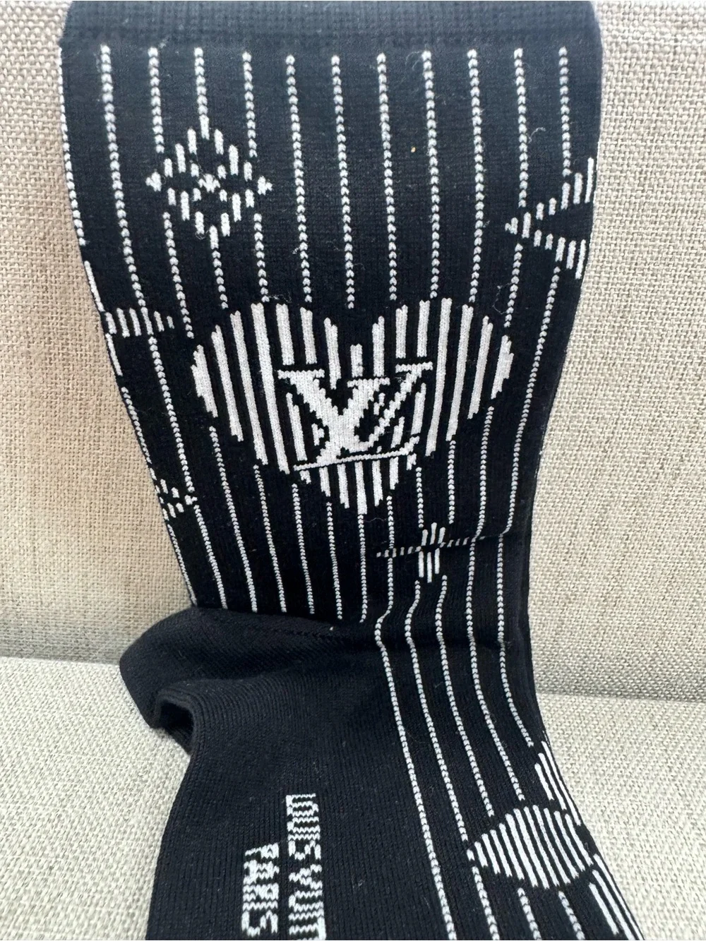 Louis Vuitton Black Crew Socks with White Monogram Stripe